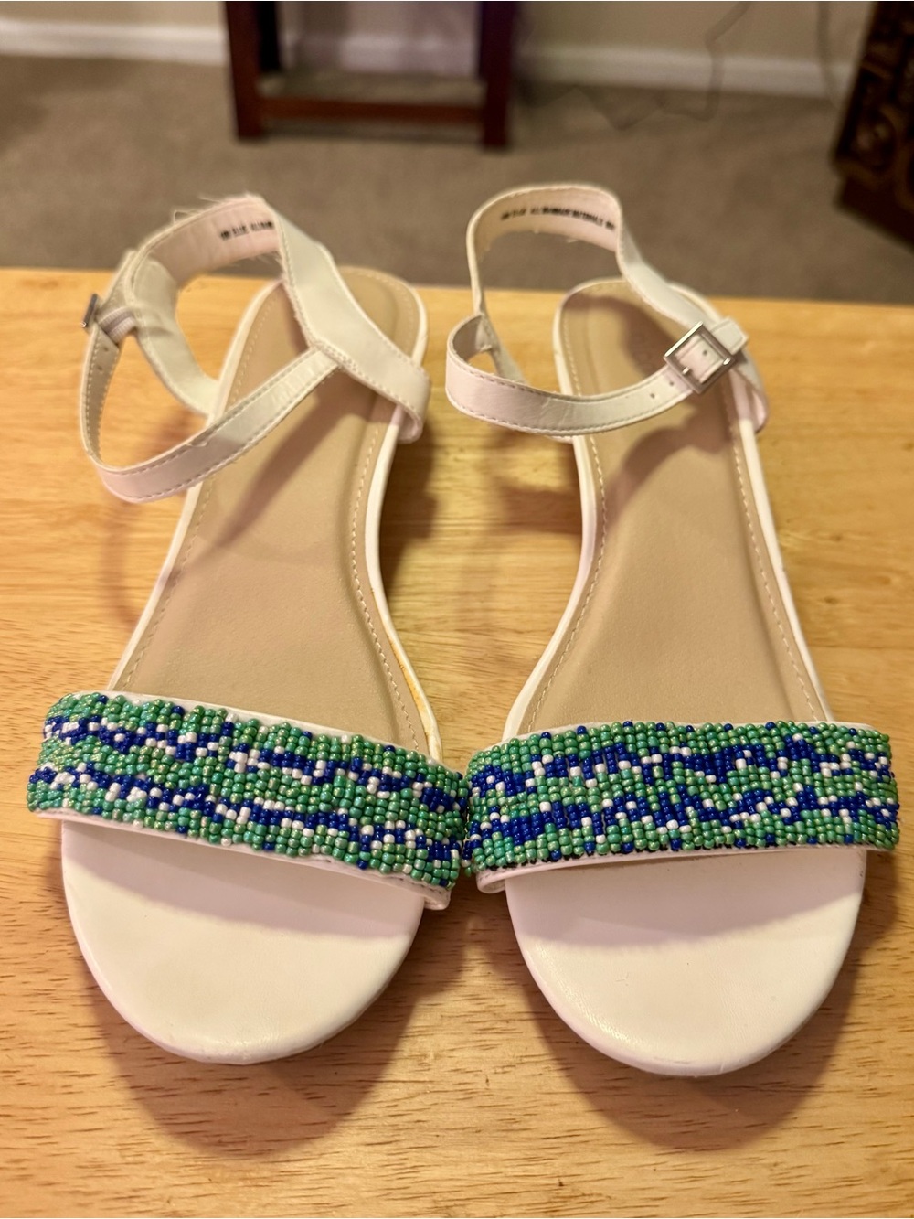 Nicole White Sandals with Blue & Green Beaded Strap